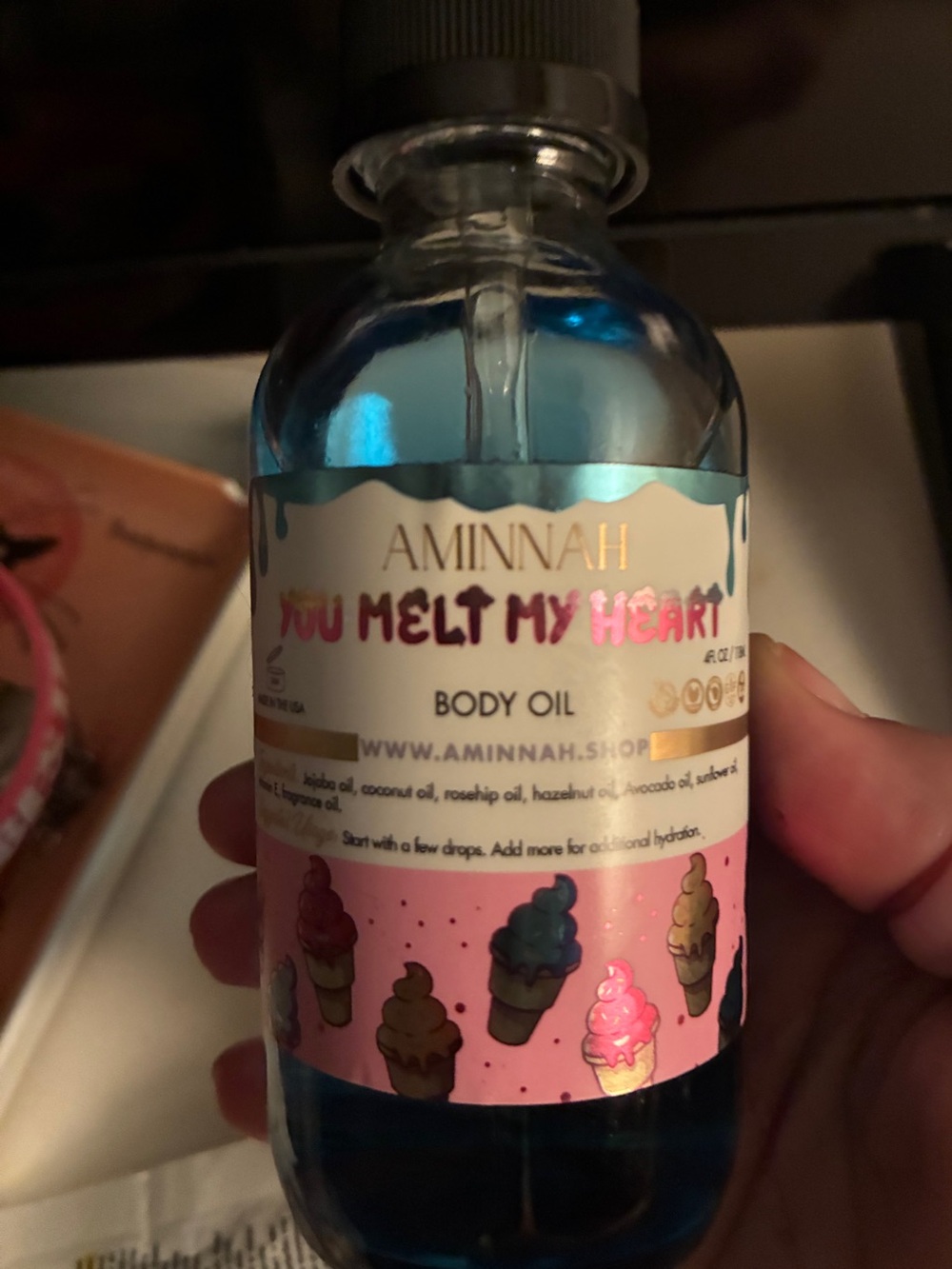 Aminnah You Melt My Heart Pretty Blue Body Oil Smells like mango passion fruit